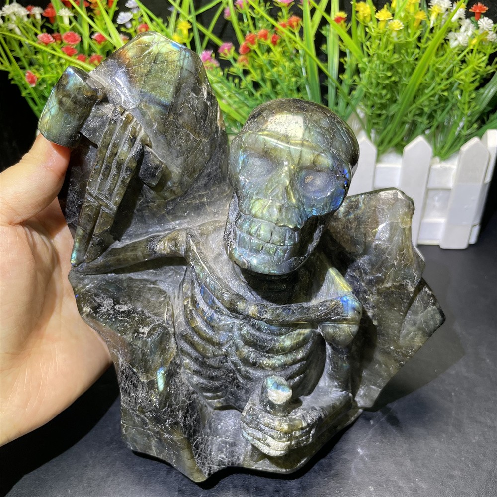 4.8LB 6.6″ Natural Labradoritee Skeleton Statue Crystal Reiki Carving Home Decor