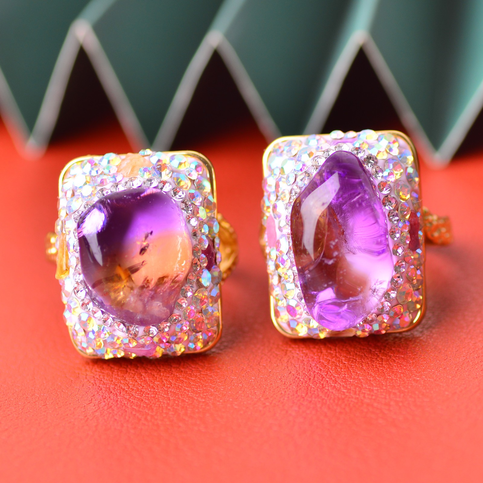 Amethyst and citrine ring, alloy inlaid with handmade gemstone Energy Crystal