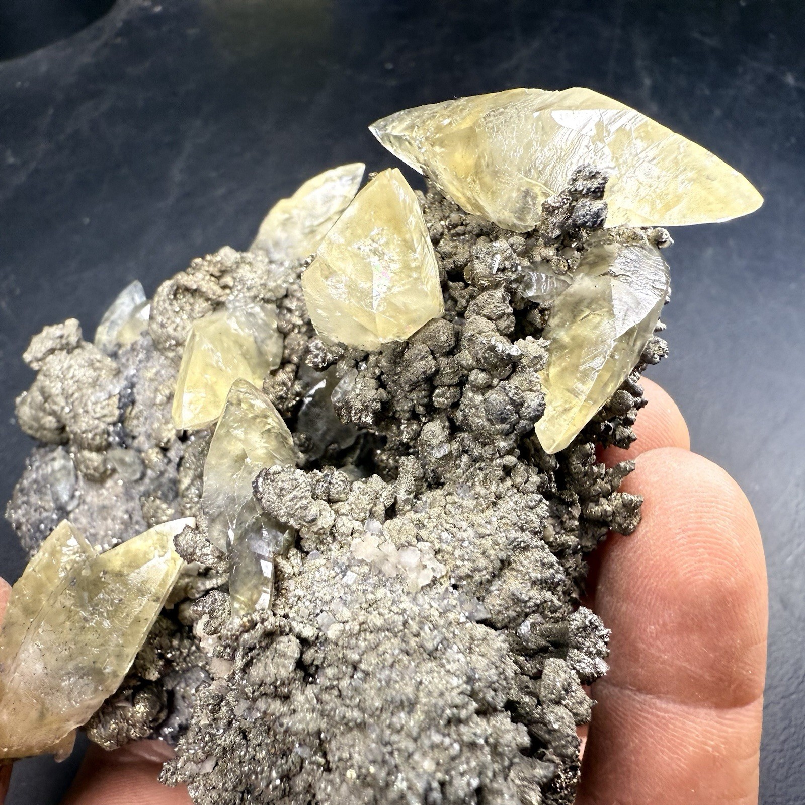 Golden Calcite Crystals on Chalcopyrite Pyrite Matrix / Missouri