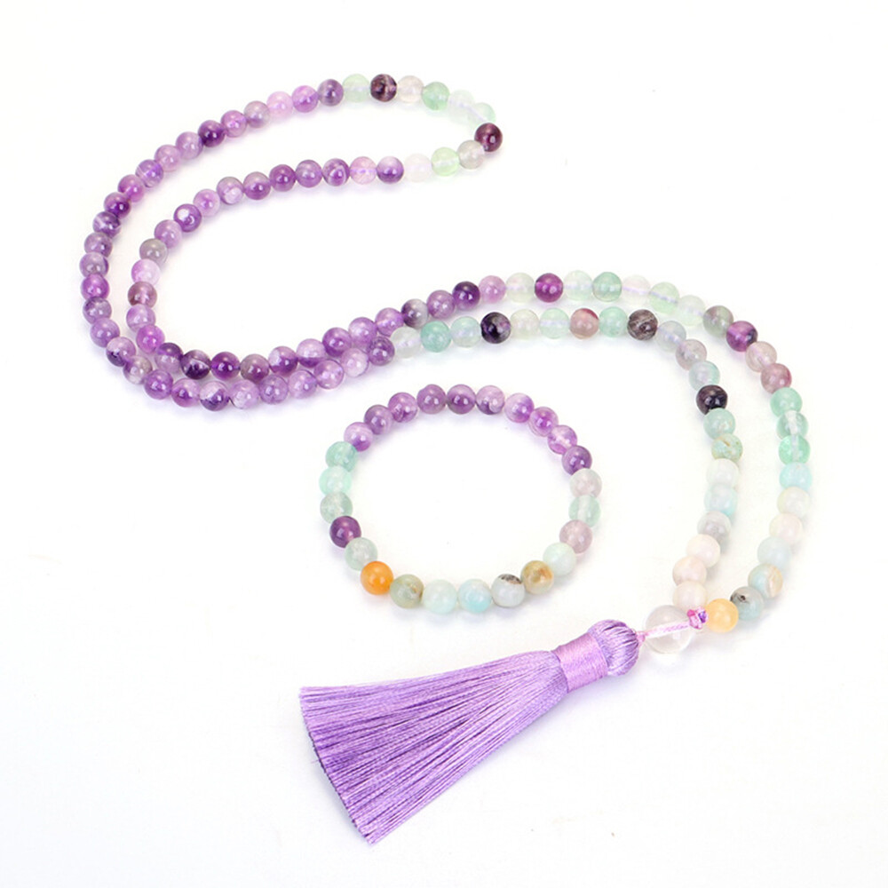 8mm Natural Rainbow Fluorite Amethyst Gemstone 108 Beads Mala Necklace Bracelet
