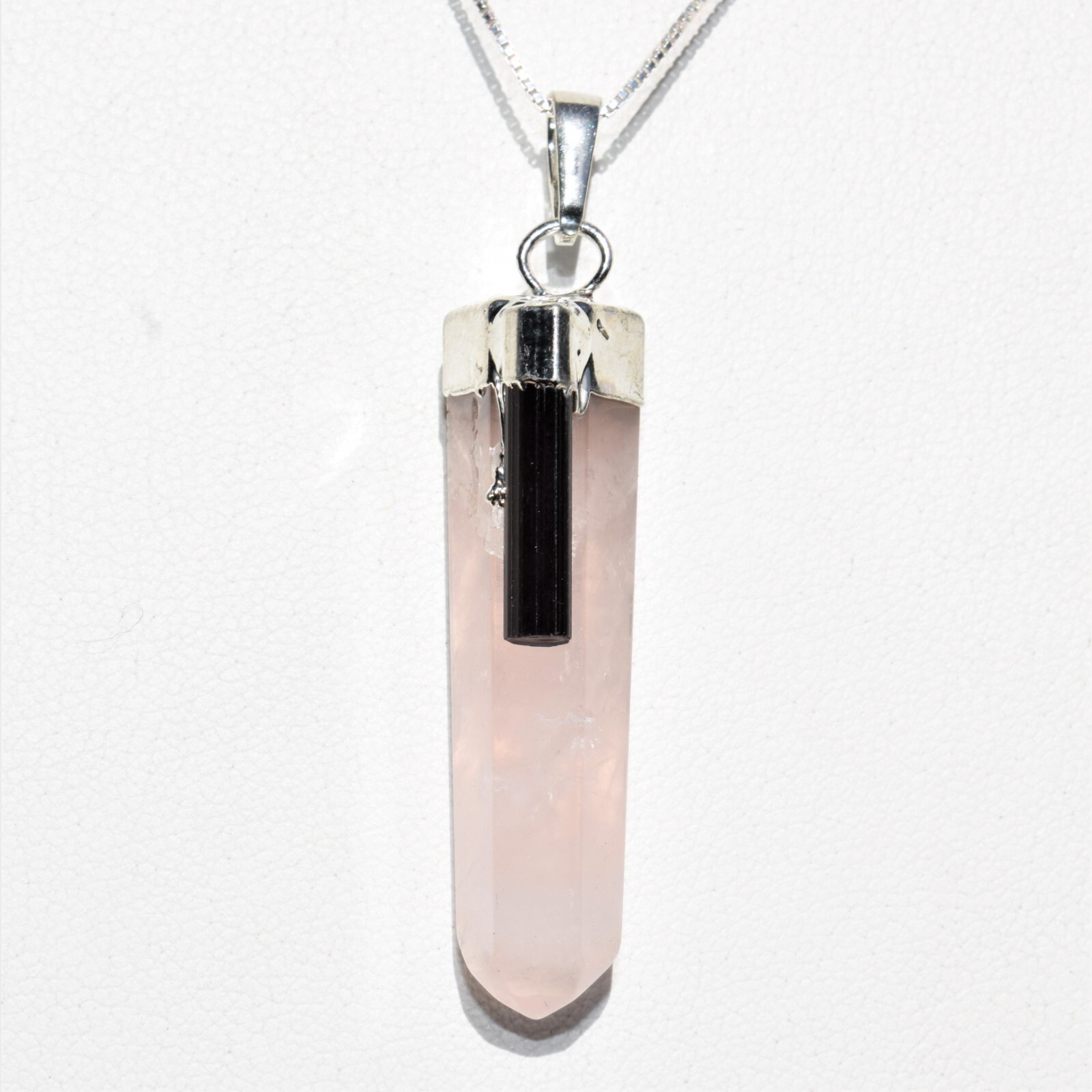 Charged Rose Quartz + Black Tourmaline Pendant + 20″ 925 Chain + Selenite Heart