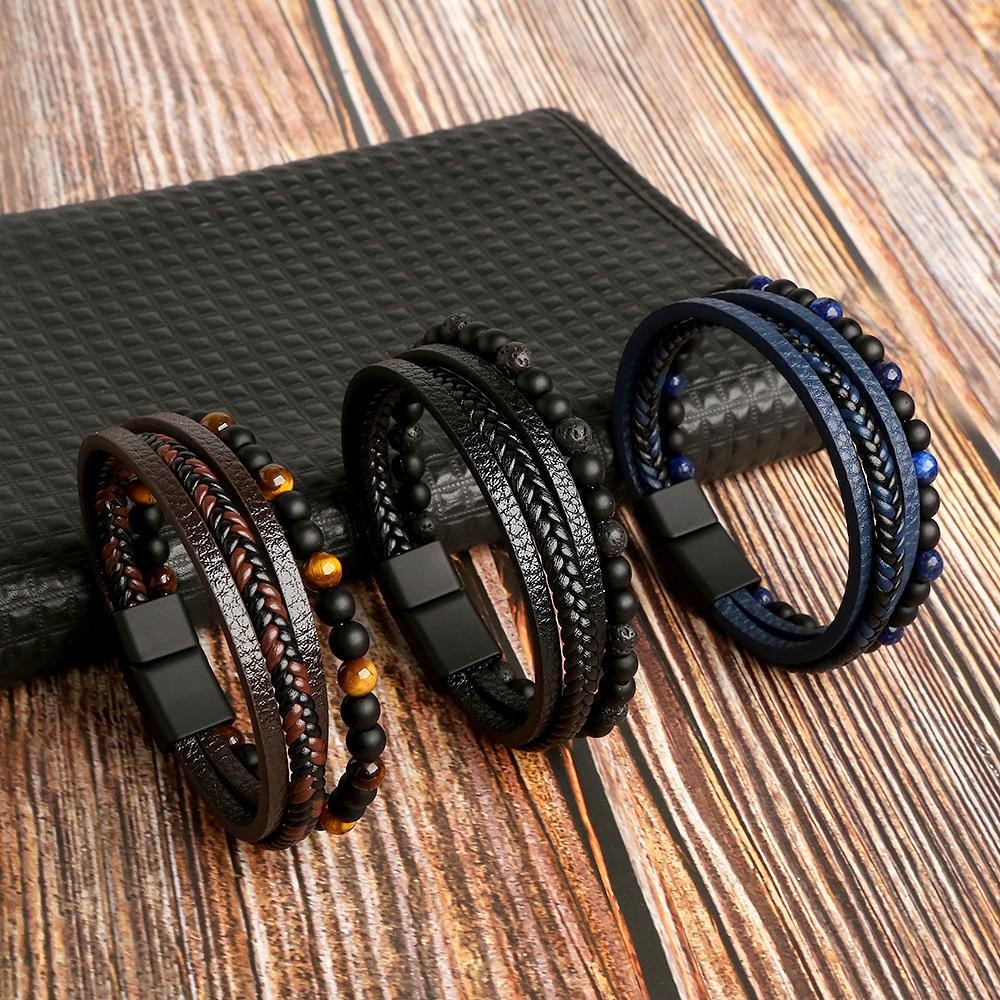 Men’s Classic Tiger Eye Beaded Leather Bracelet Multi Layer Elegant Jewelry Gift