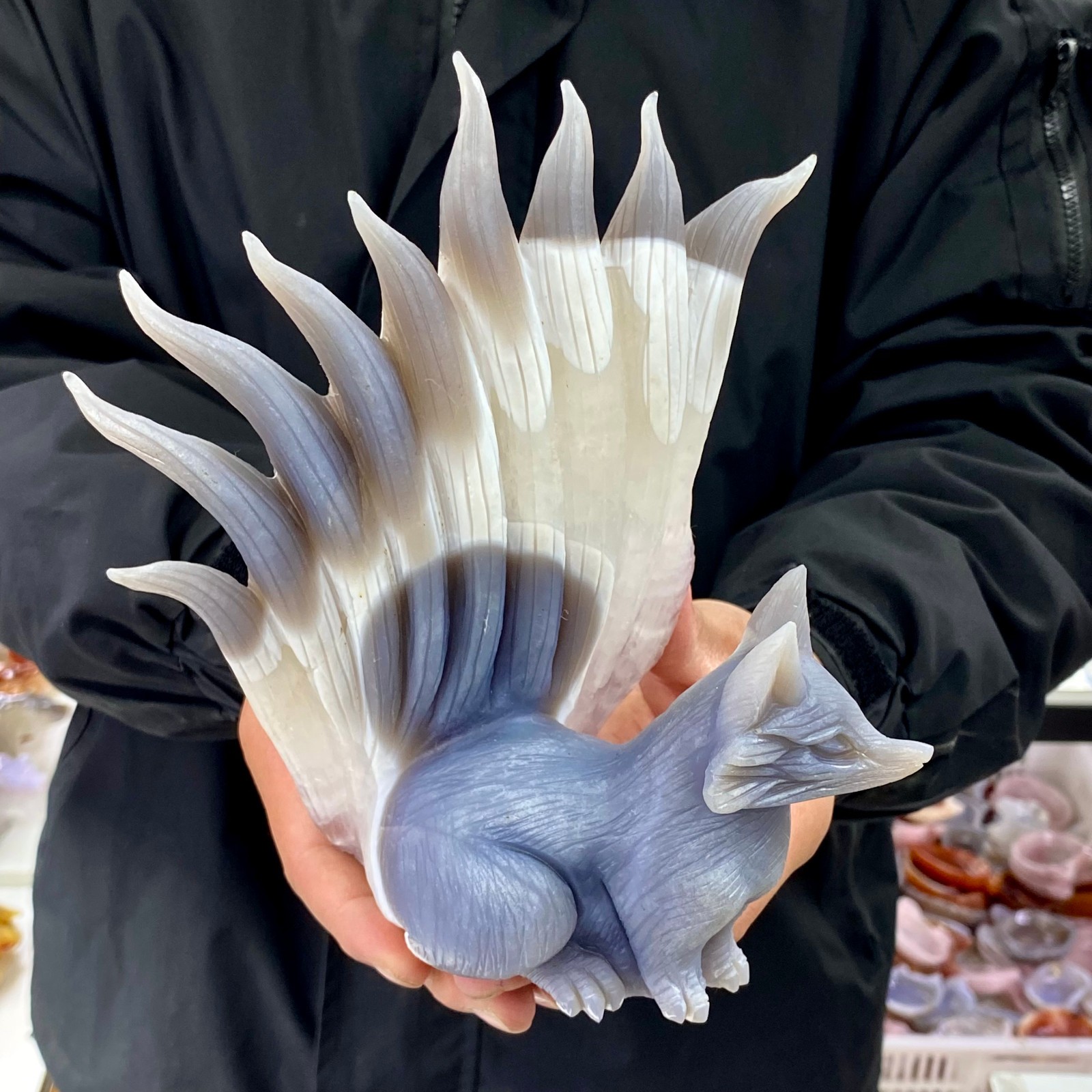 4.07LB Natural Agate Geode Hand Carved Nine-tailed Fox Quartz Crystal Decor