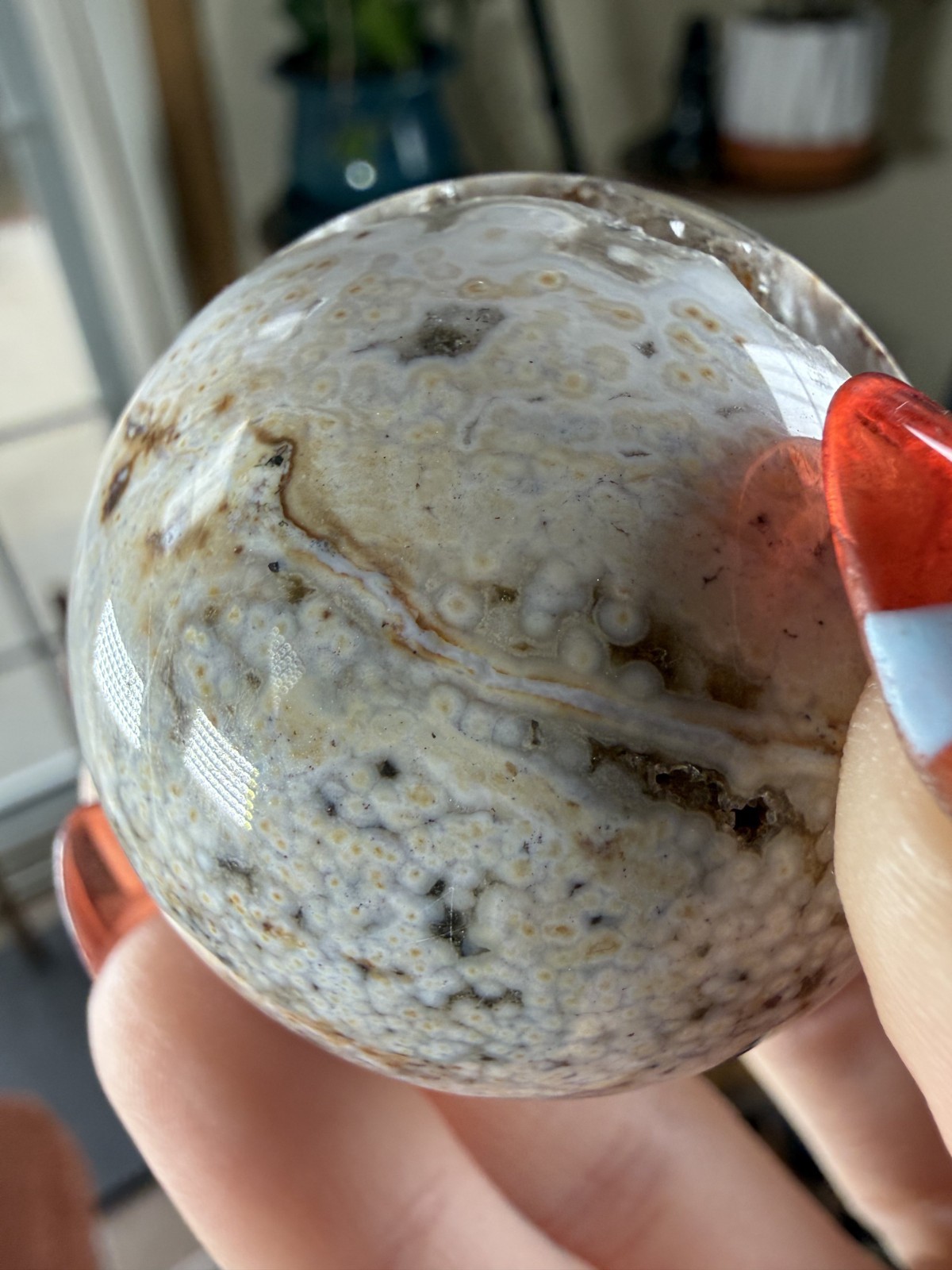 8th Vein Ocean Jasper Sphere – Druzy Sparkly – Green, Beige & White – 3.56oz