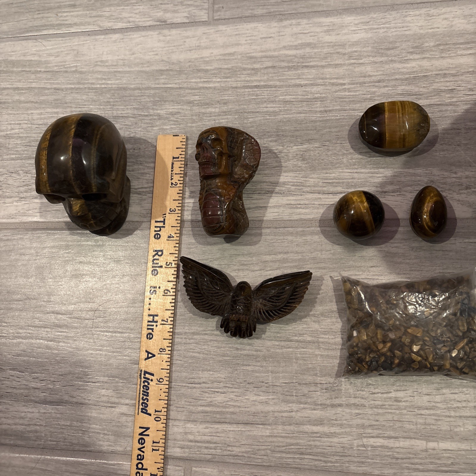 Lot 12 Tiger Iron Eye Items 3”skull , Snake Palm Stone Sphere Egg Chip Bag Flash