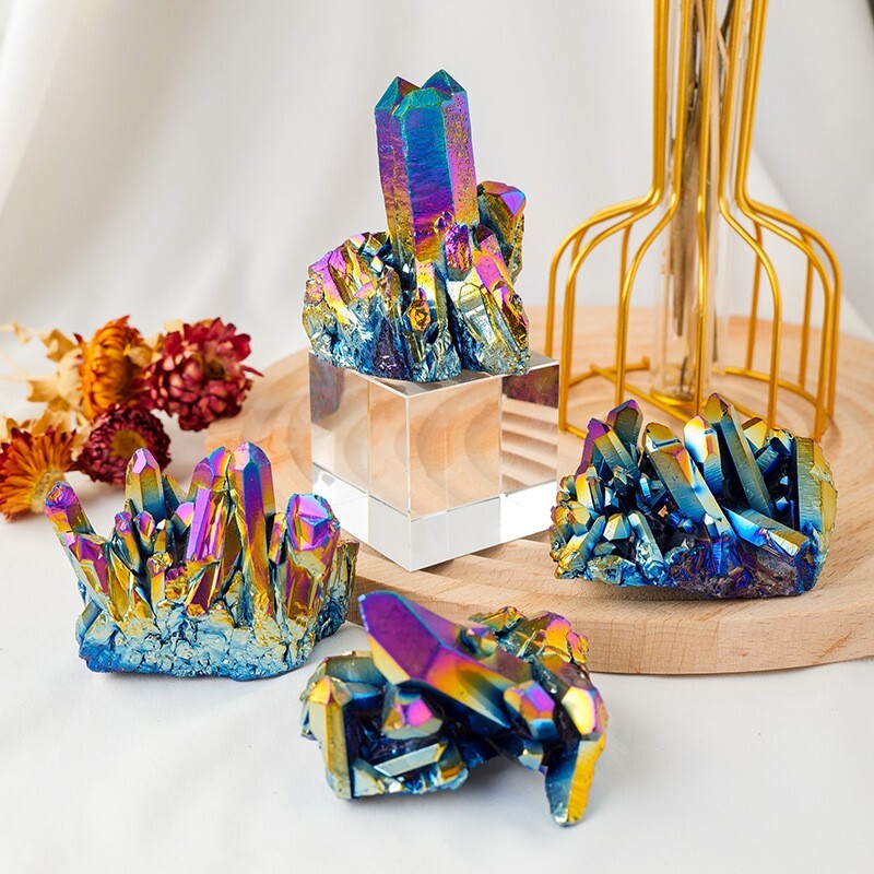 Titanium Rainbow Cluster Quartz VUG Cluster Crystal Raw Rock Crystal Home Decor