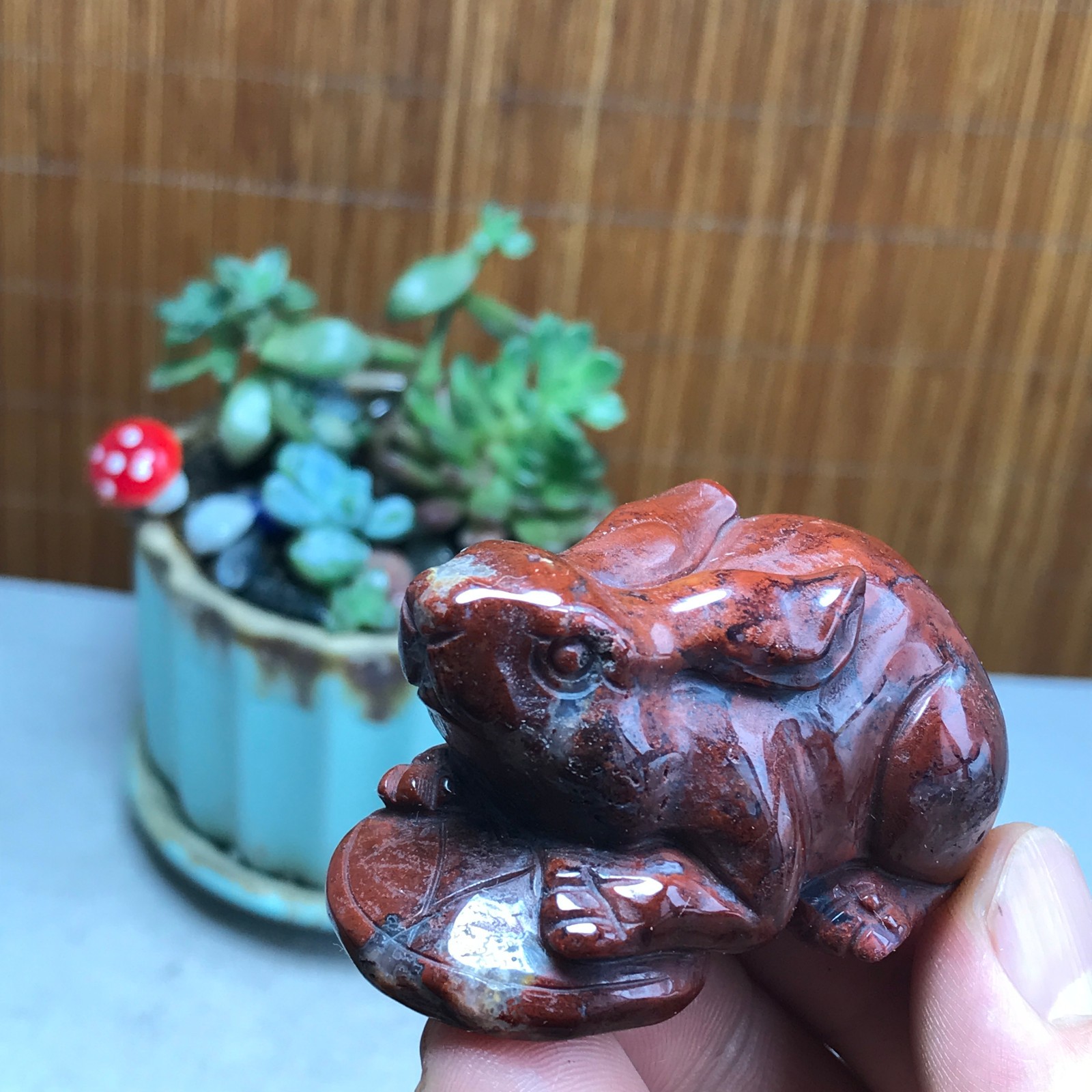 Natural bloodstone carve Rabbit & Copper Coin Figurine, Feng Shui Wealth Luck 82
