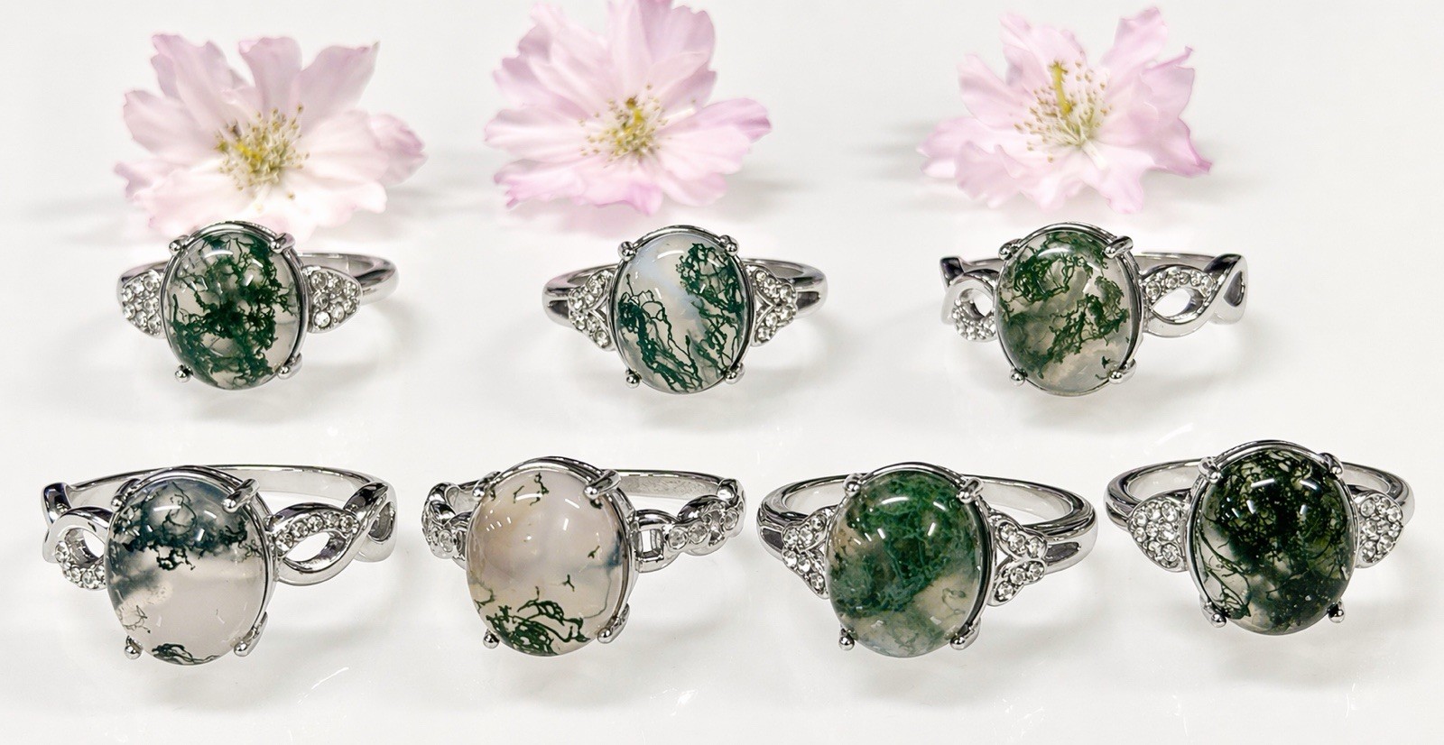 Wholesale 7 Pcs Natural Moss Agate Stainless Steel Rings(316) Crystal 10x12mm