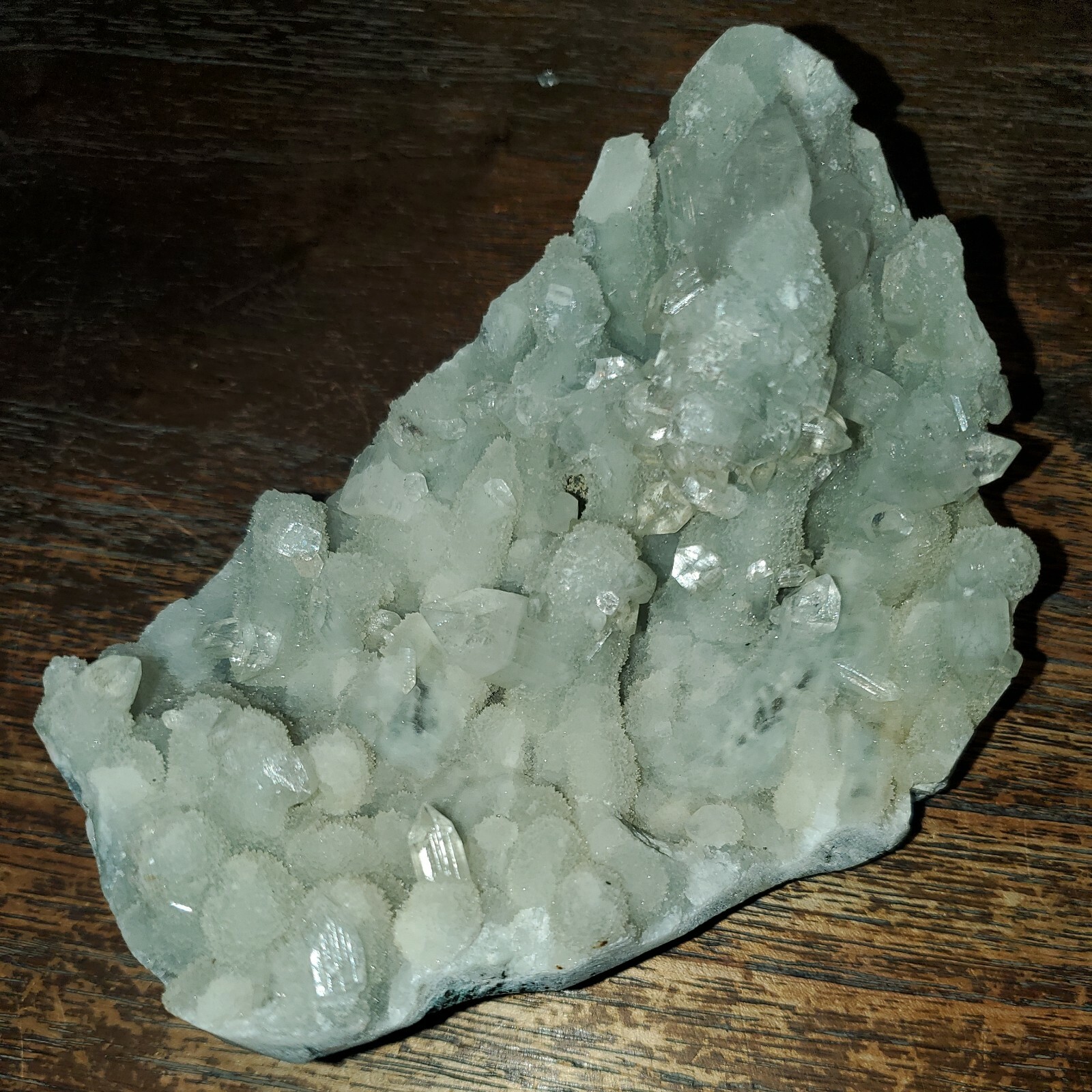 Apophylite and Calcite on Blue Chalcedony. Approx 1lb 8.1oz, 6in x 4in x 3.5in