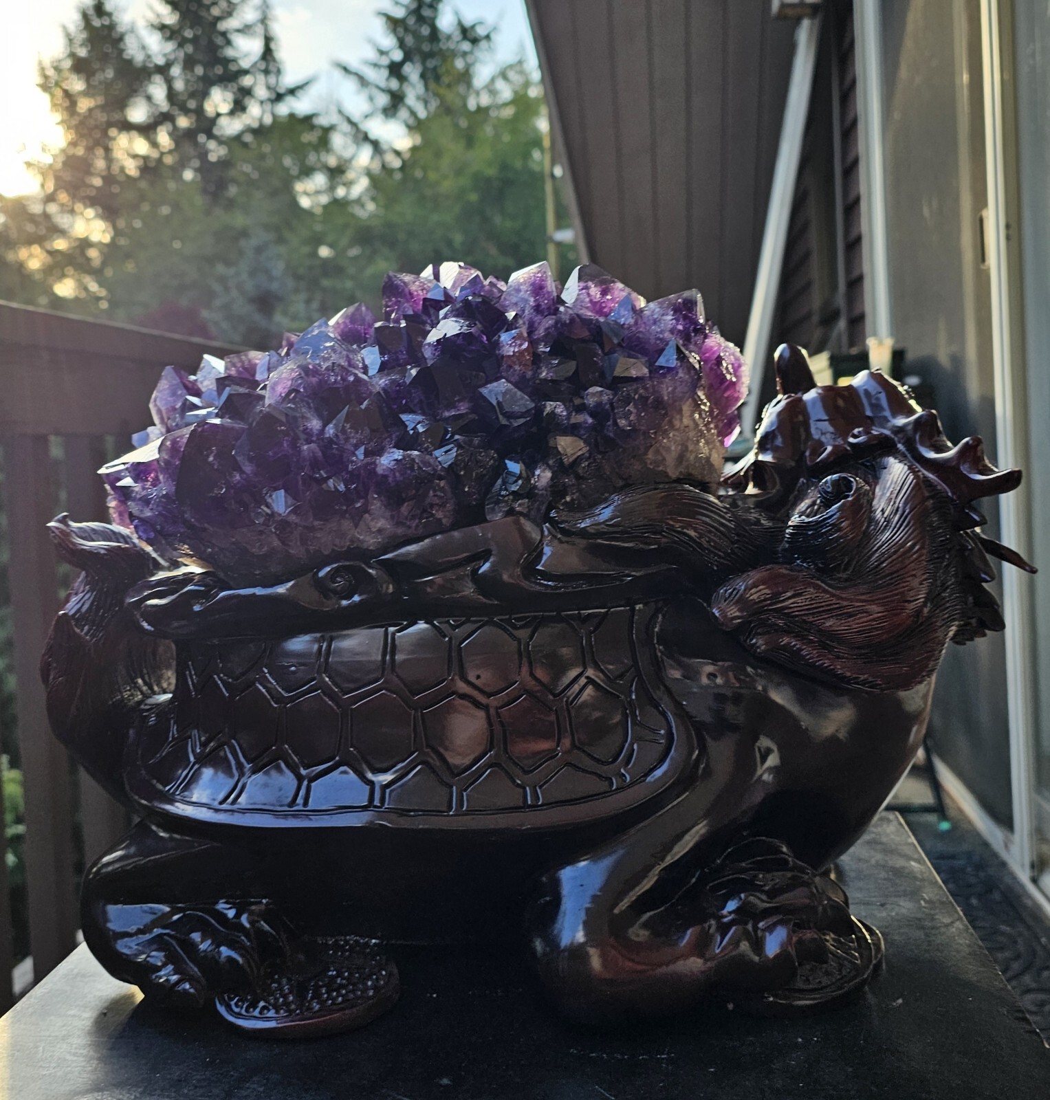 Rare Feng Shui Dragon Turtle with Large Amethyst Cluster