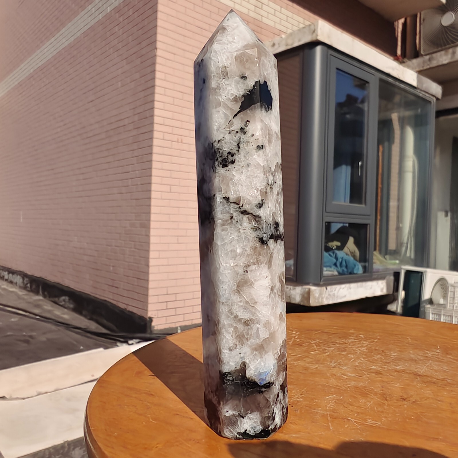 449g Large White Rainbow Moonstone Crystal Obelisk Tower Point Quartz Healing