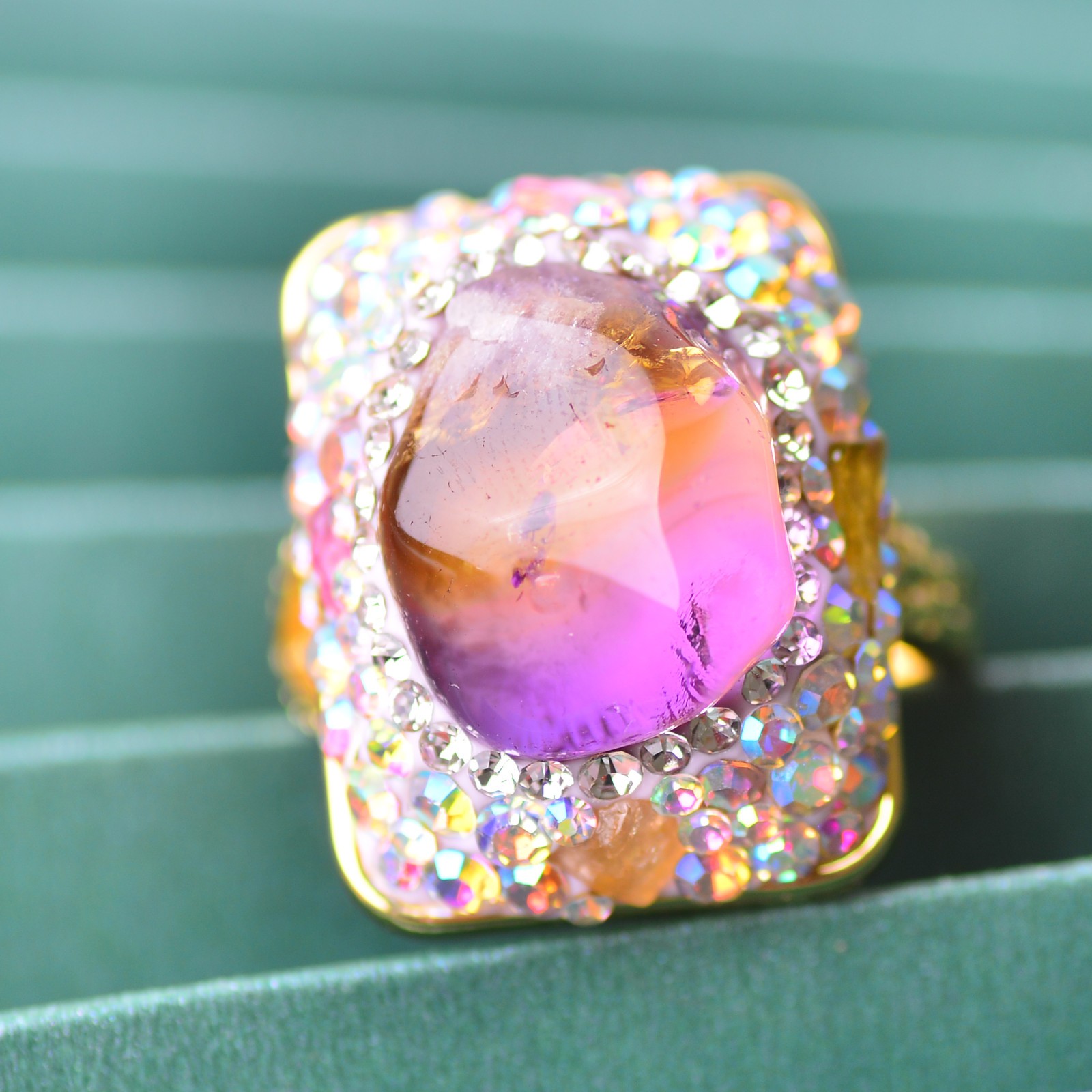 Amethyst and citrine ring, alloy inlaid with handmade gemstone Energy Crystal
