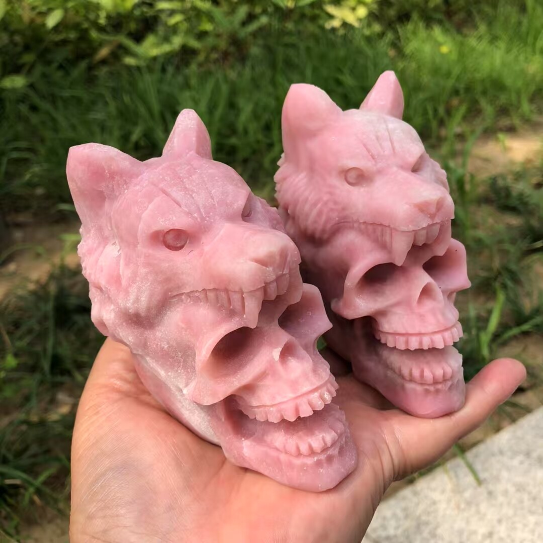 4″ AAA Natural Pink opal Quartz crystal Carved Wolf Skull Reiki Healing Gift 1pc