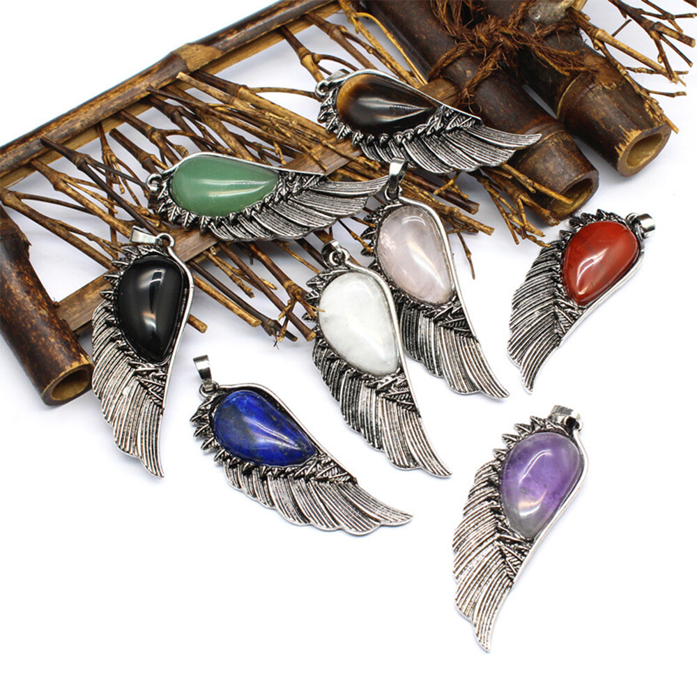 Chakra Gemstone Crystal Angel Wing Pendant Luck Energy Reiki Healing Amulet Gift