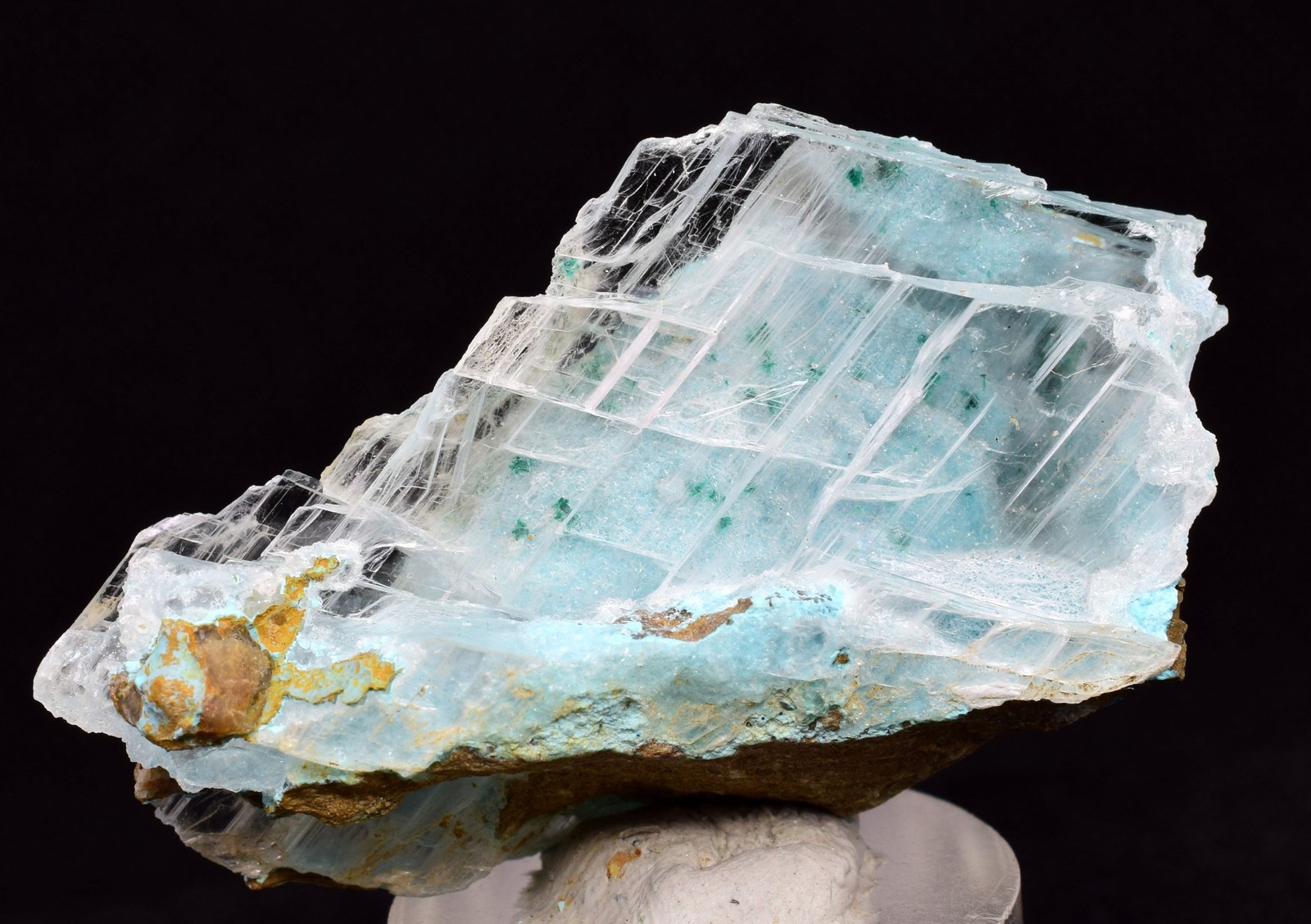 7.5cms GEM ATACAMITE INSIDE SELENITE CRYSTAL CHRYSOCOLLA LILY MINE PERU DB139