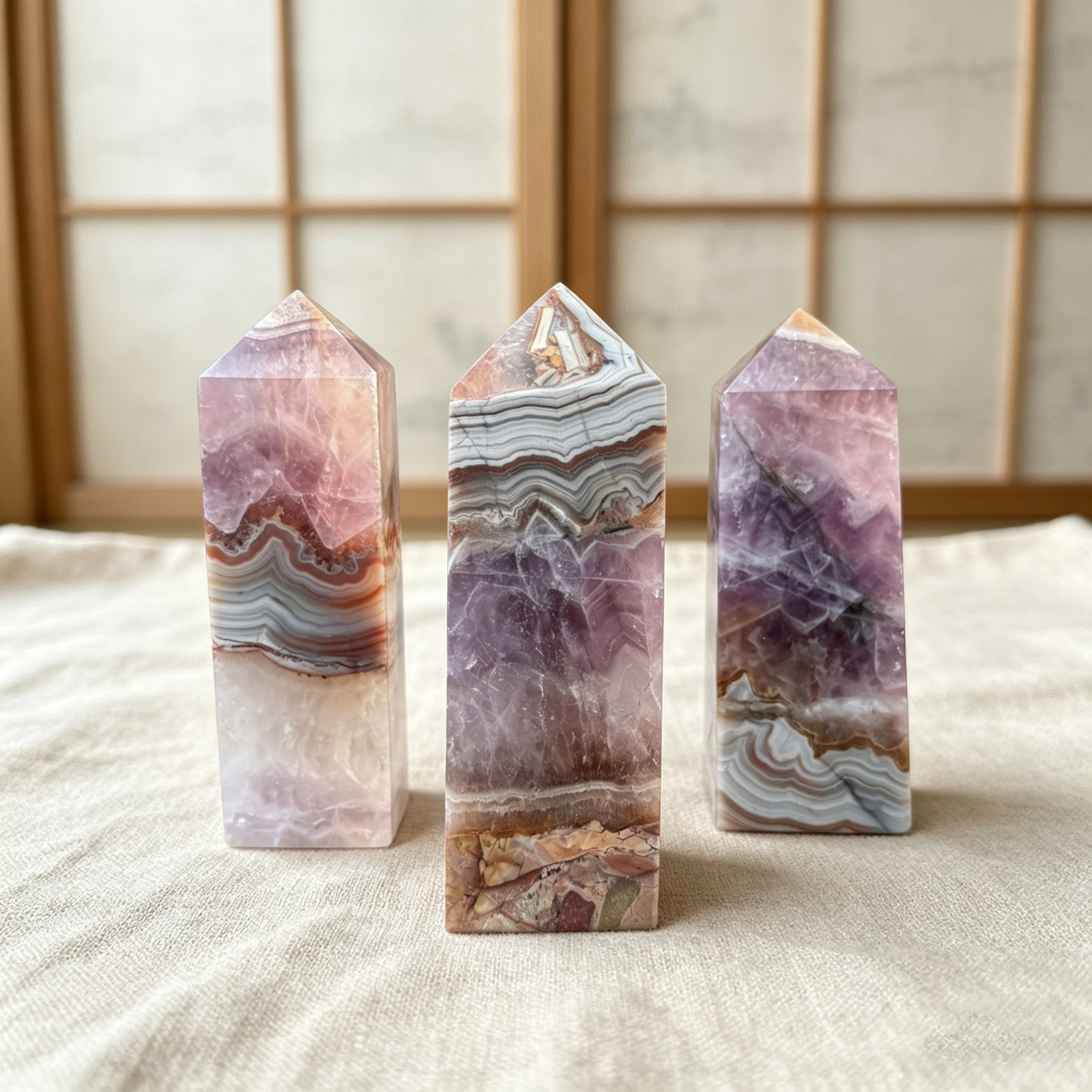 Natural Amethyst & Banded Agate Crystal Tower Obelisk Healing Wand Home Decor