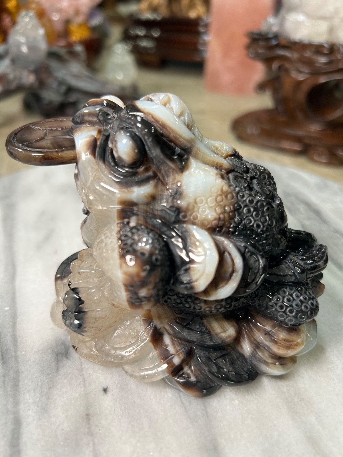 Agate Golden Money Toad Jin Chan with agate coin on sandalwood stand custom