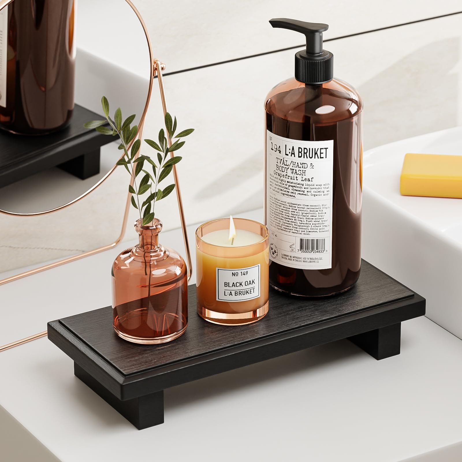 Bathroom Counter Organizer Wood Pedestal Stand Farmhouse Decorative Tray Soap…