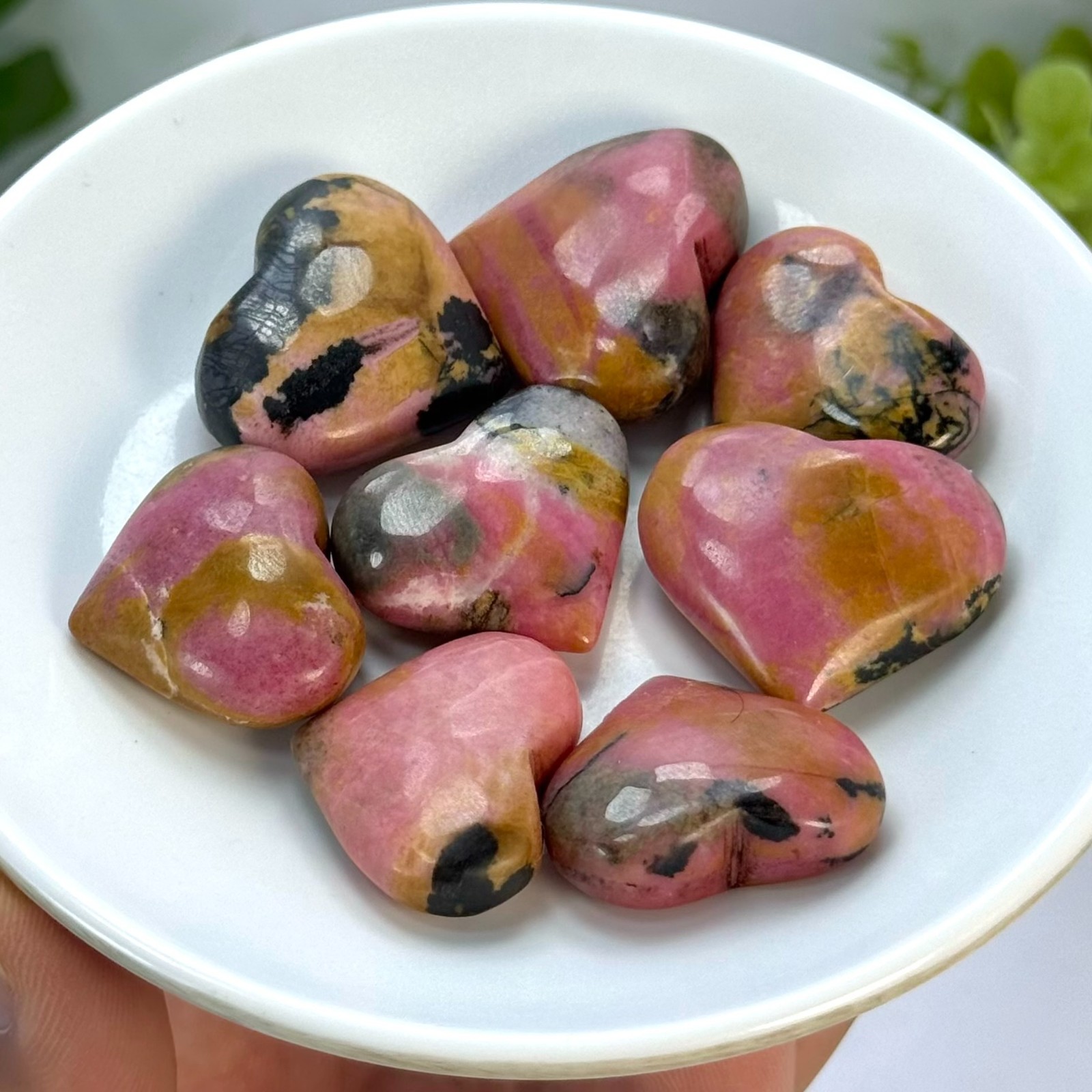 Pink Polished Rhodonite Crystal Heart Stones, Rhodonite Polished Pink Heart Ston