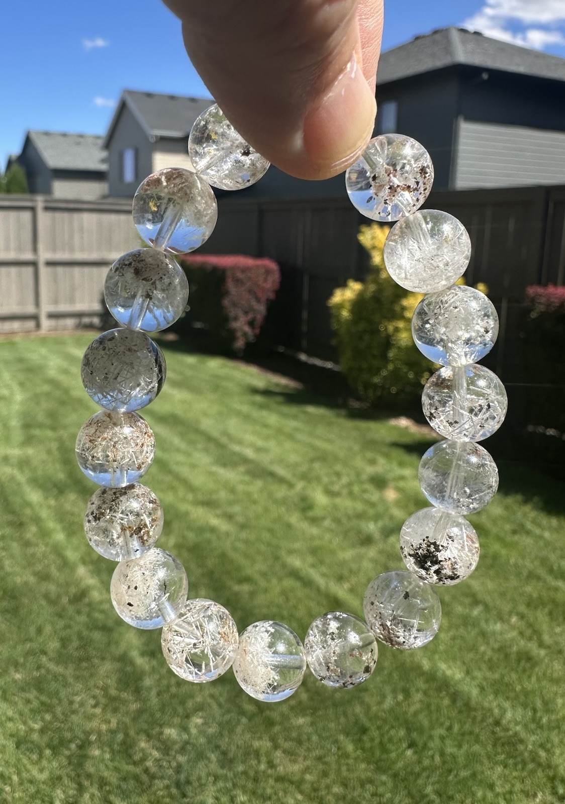 Rare Natural 11mm+ Snowflake White Rutile & Black Phantom Quartz Bracelet
