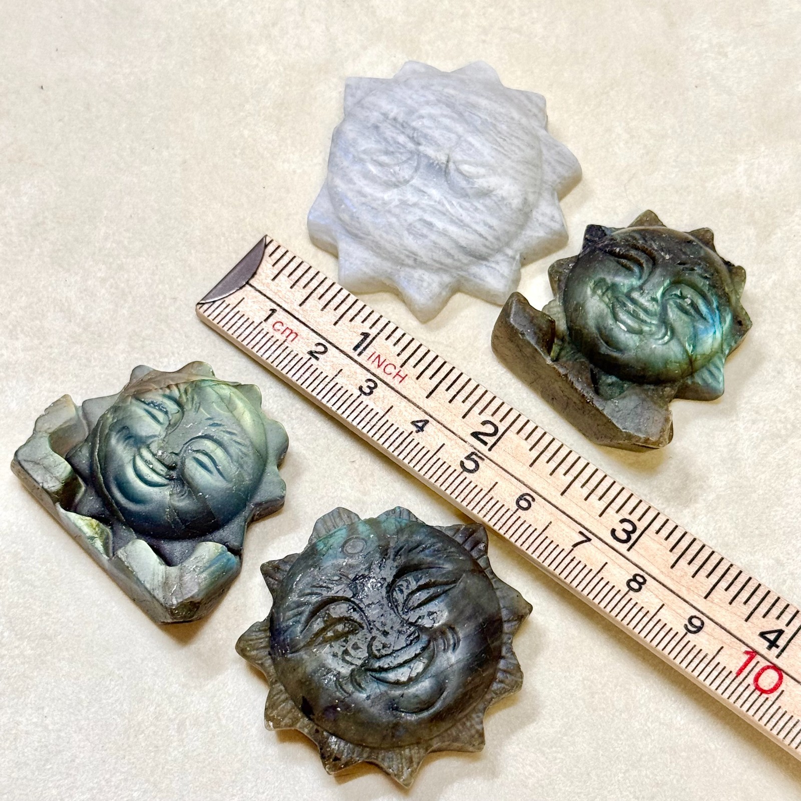 Labradorite Sun Face Crystal Carving – Natural Gemstone Carved Cabochon 1.7″