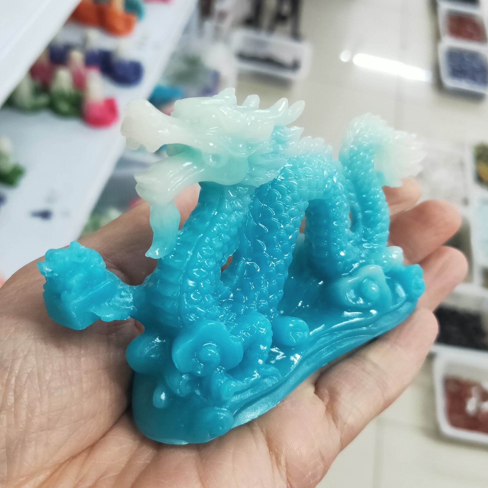 4″ Blue Luminous Stone Sculpture Chinese Dragon Resin Decoration Skull Gift 1pc