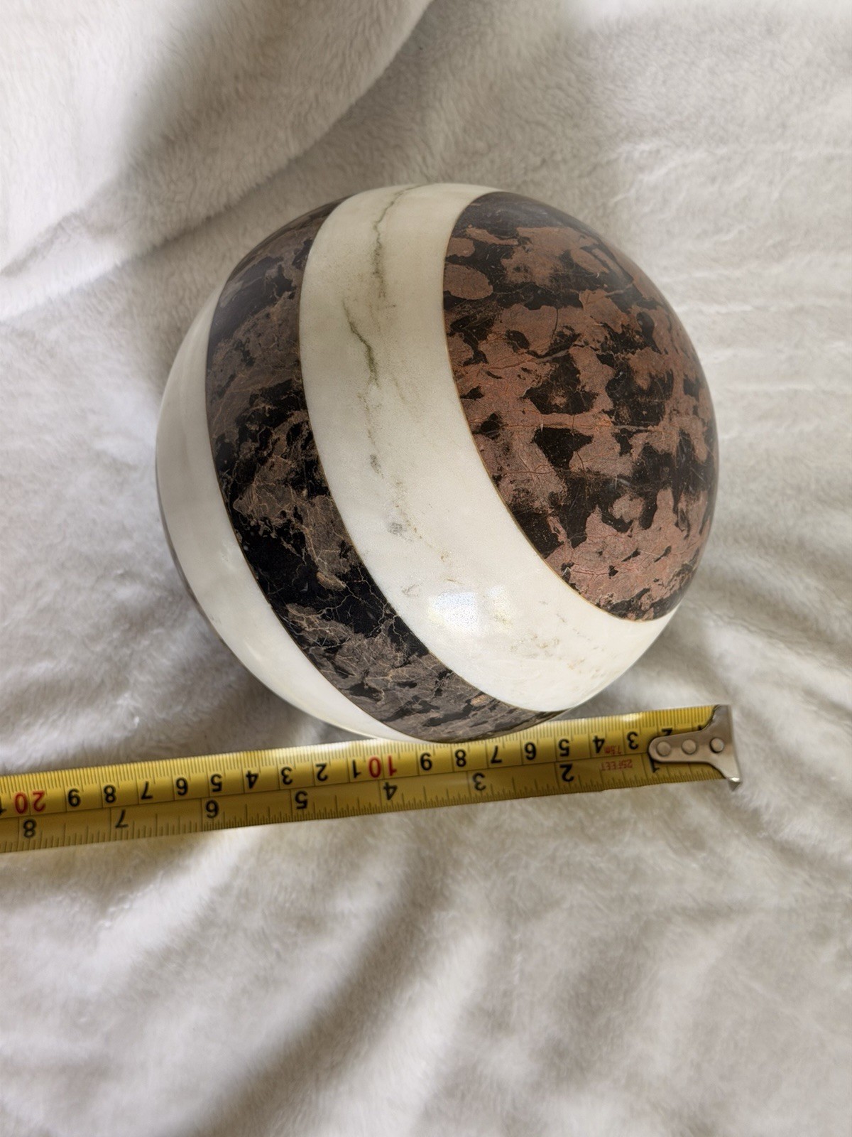 Large 6″ Inlaid Marble Sphere Orb Striped Stone Brass Accent Postmodern Decor