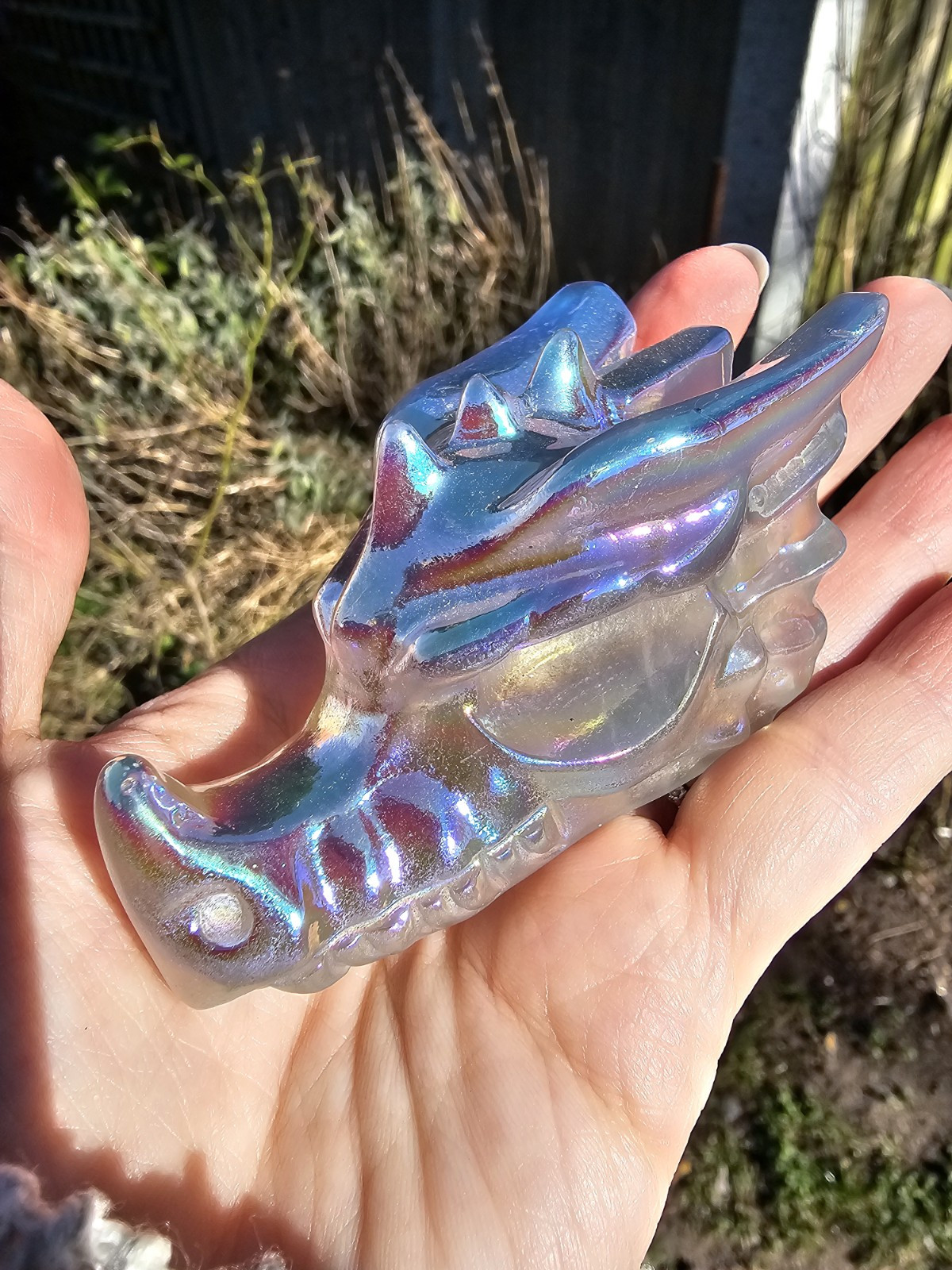 Angel Aura Clear Quartz Rainbow crystal Dragon Head Skull 160g 7.5x4x3.6cm