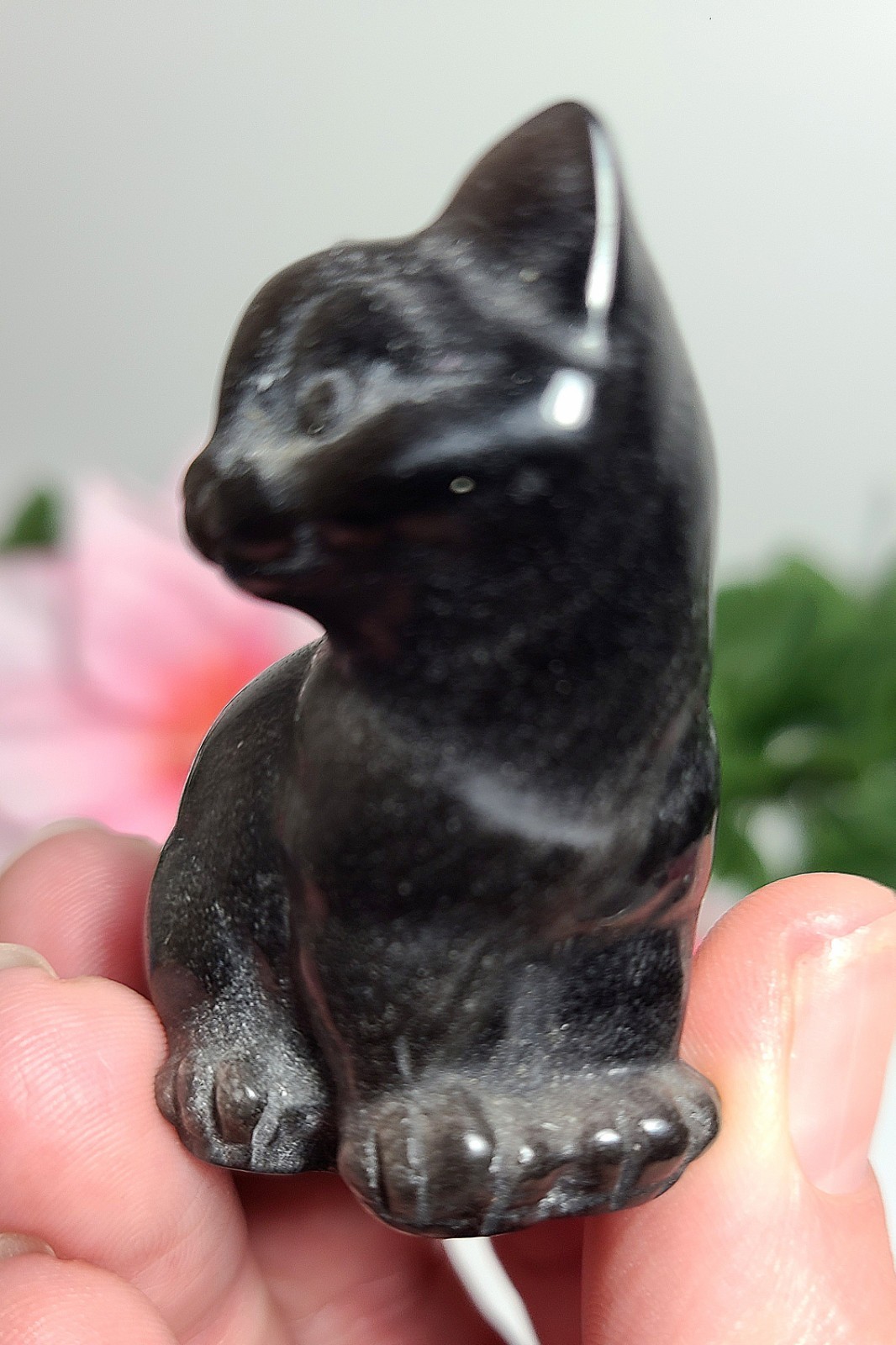 2″ 54g Adorable Silver Sheen Obsidian Sitting Cat Crystal Stone Carving Statue