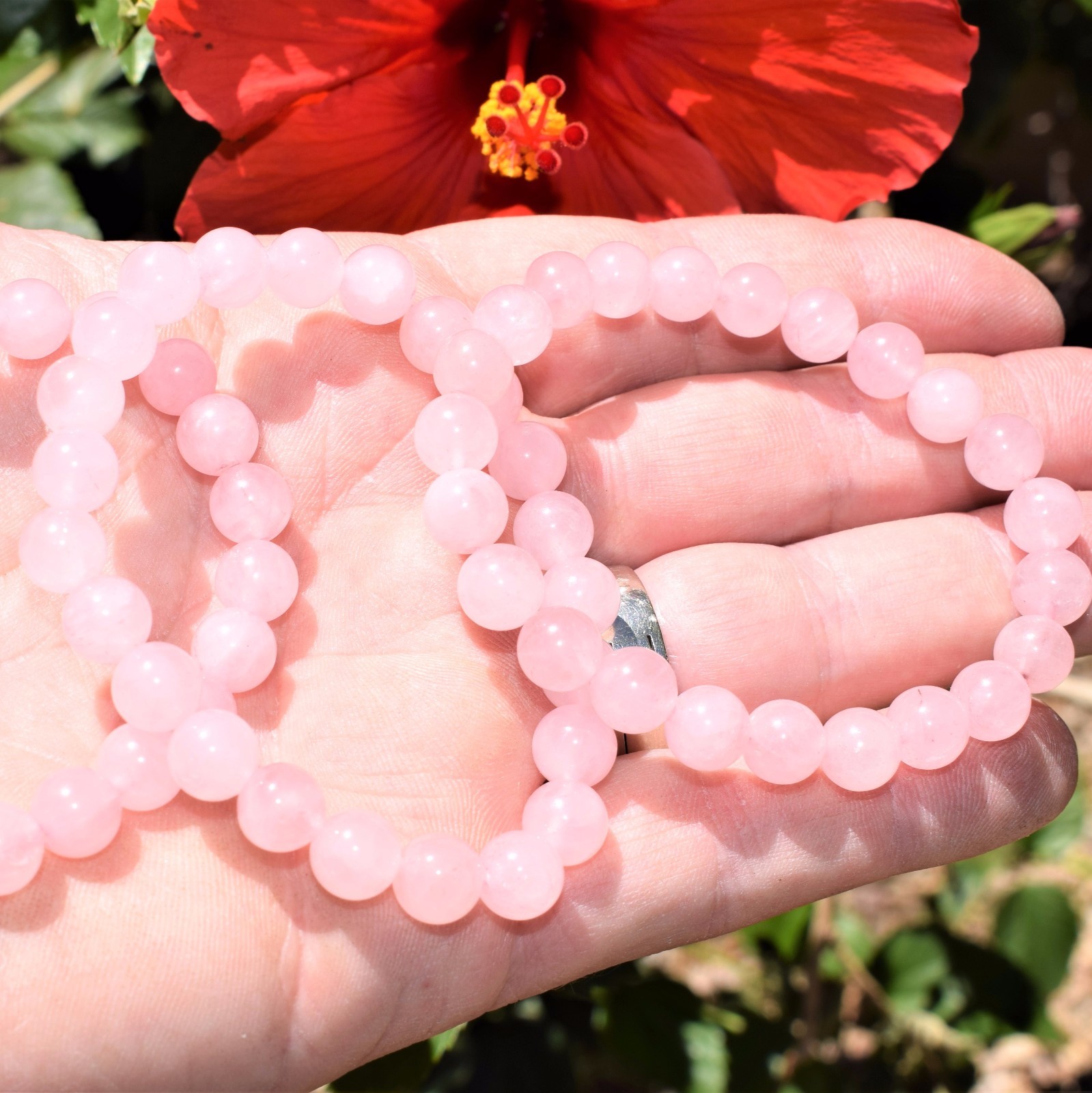 [1] Premium CHARGED Rose Quartz Crystal 8mm Stretchy Bracelet + Selenite Heart