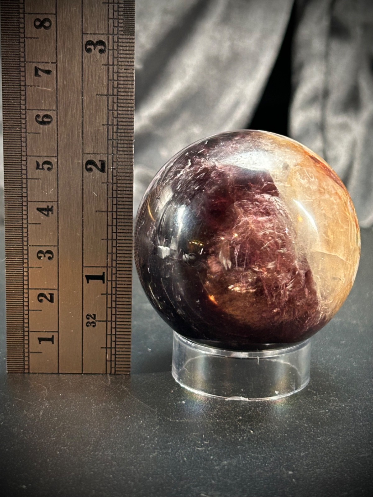 2″ Gem Lipidolite and Hematoid Quartz Sphere with Acrylic Stand 6.5 oz