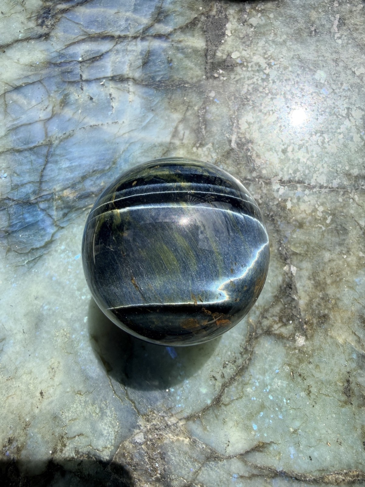 Blue Tiger’s Eye (Hawk’s Eye) Sphere | Intense Chatoyancy Cat’s Eye Effect 2.3″