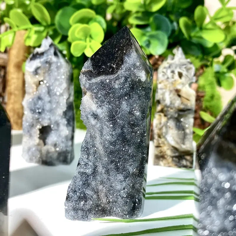 Black Sphalerite Crystal Tower Druzy Geode Obelisk Reiki Healing Crystal Gift