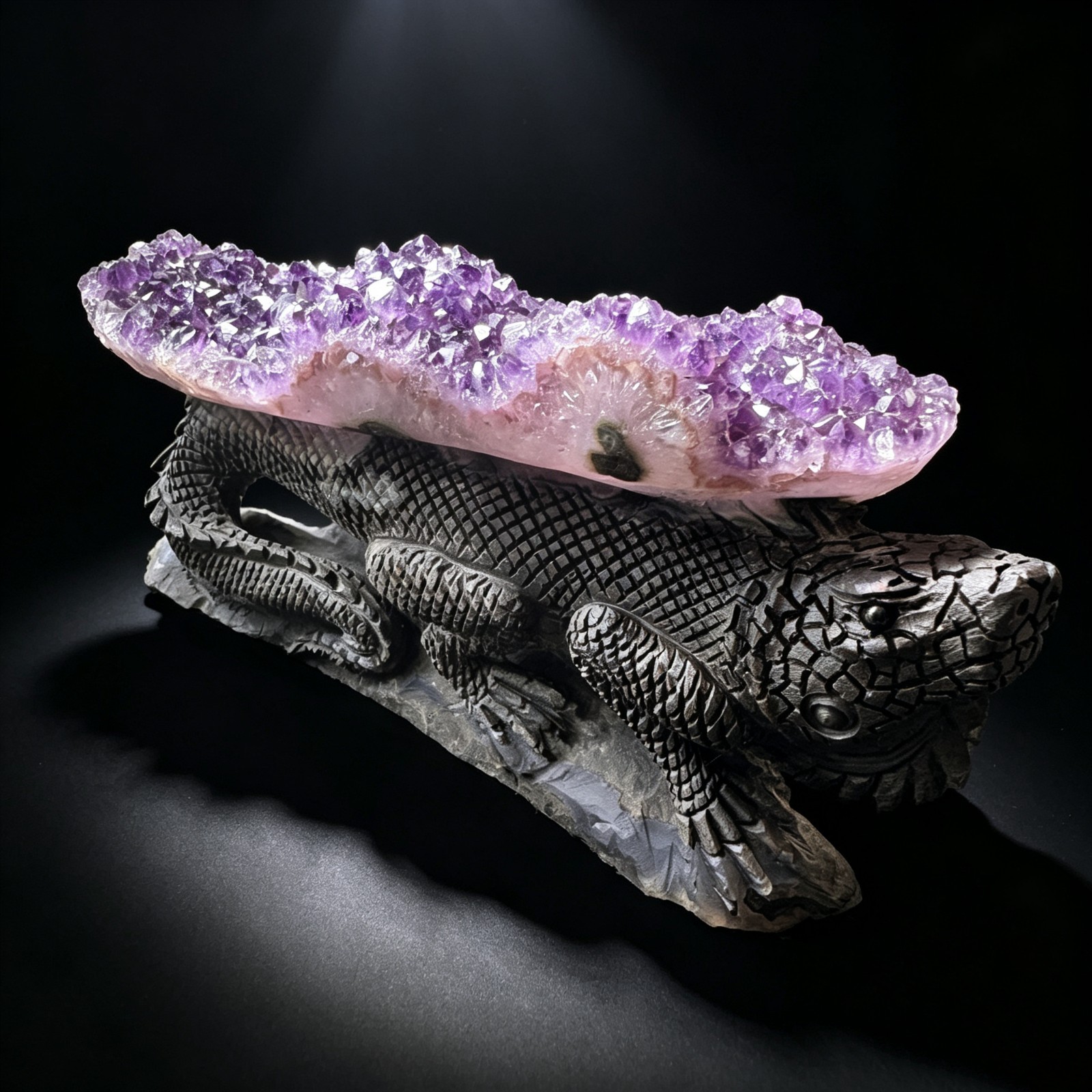 Hand Carved Amethyst Cluster Lizard Figurine Natural Crystal Reptile Sculpture 7