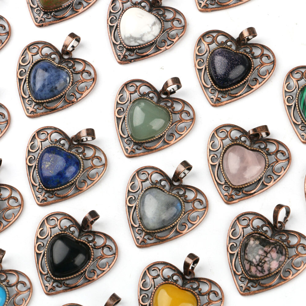 Natural Chakra Crystal Hollow Heart Bead Pendants Quartz Gemstone Healing Amulet