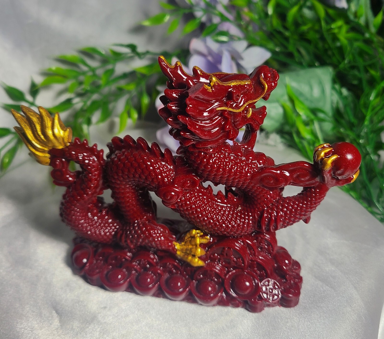 5.7″ Full Body Cinnabar Chinese Dragon w/ Sphere Crystal Stone Carving Statue