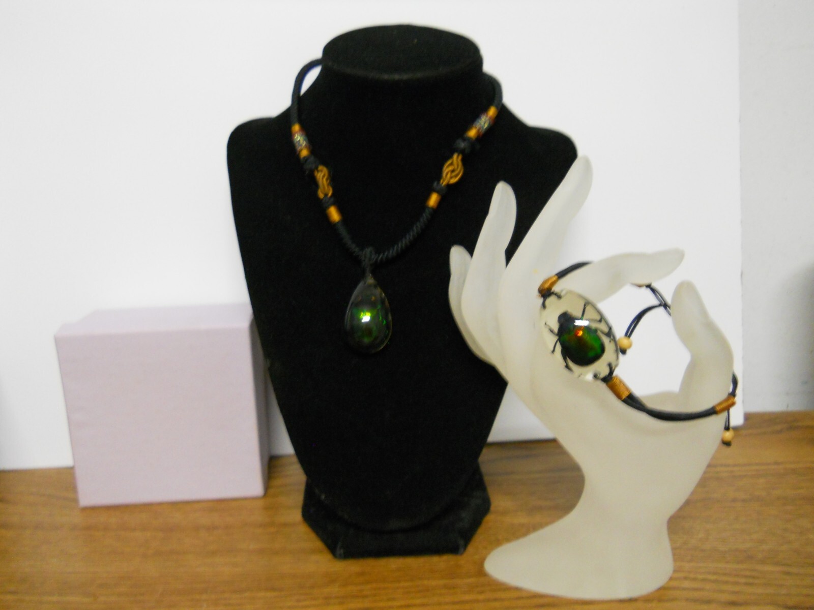 Matching Sizeable Necklace & Bracelet Fossil Beetle in Resin Jewelry Set #746