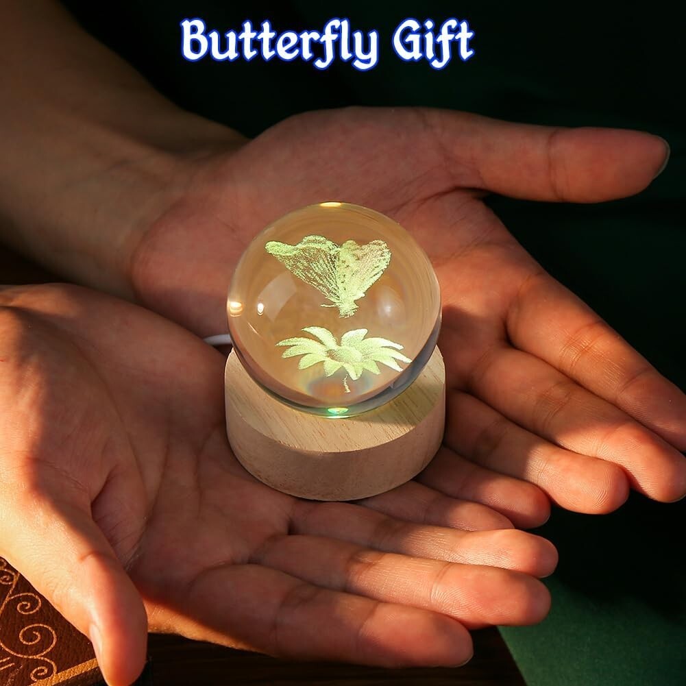 Charming Butterfly Crystal Ball with Polished Wood Base – Decorative Table Lamp