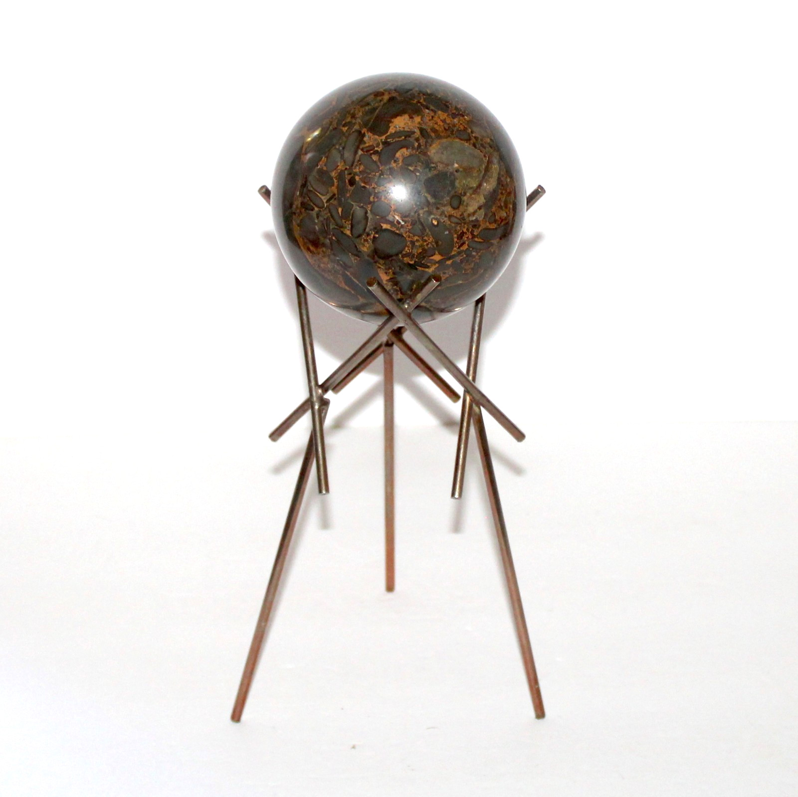 Vintage Bamboo Jasper Sphere 4” on brass Stand MCM decor stone ball 3lb 9oz