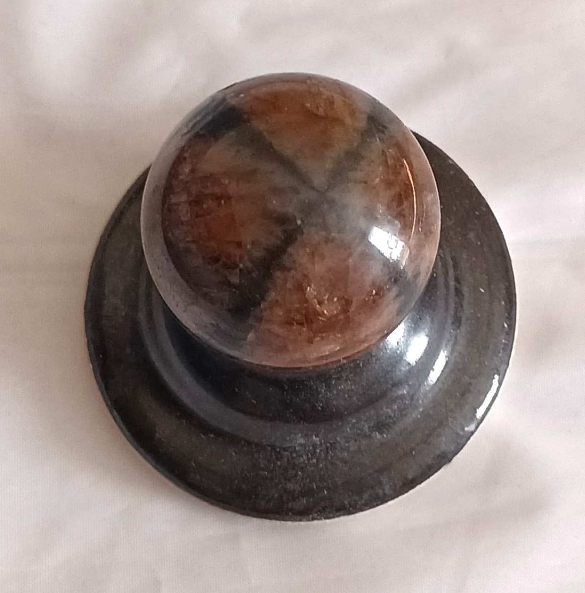 Chiastolite Andalusite 35mm Polished Round Cross Stone with Ceramic Stand