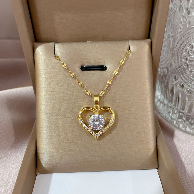 Women’s Fashion Jewelry Gold Heart Cubic Zircon Pendant Necklace Gift 1PC