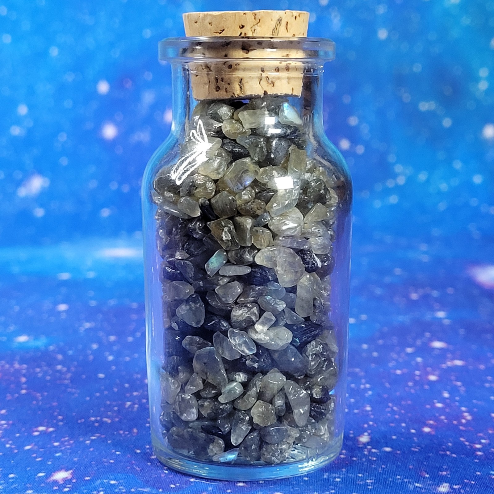 4 oz Labradorite Crystal Tumbled Chips in Vintage Glass Apothecary Jar Witchy