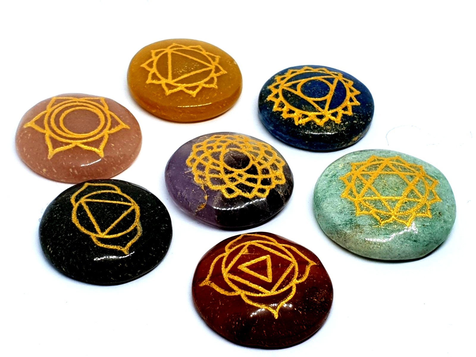 7 Chakra Gemstone Set Genuine Crystal Healing Reiki Round Set Carved Stone & Bag