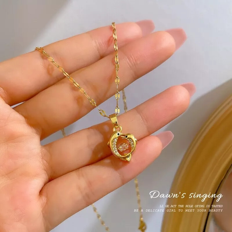 Women’s Fashion Jewelry Gold Cubic Zircon Dolphins Pendant Necklace 1PC