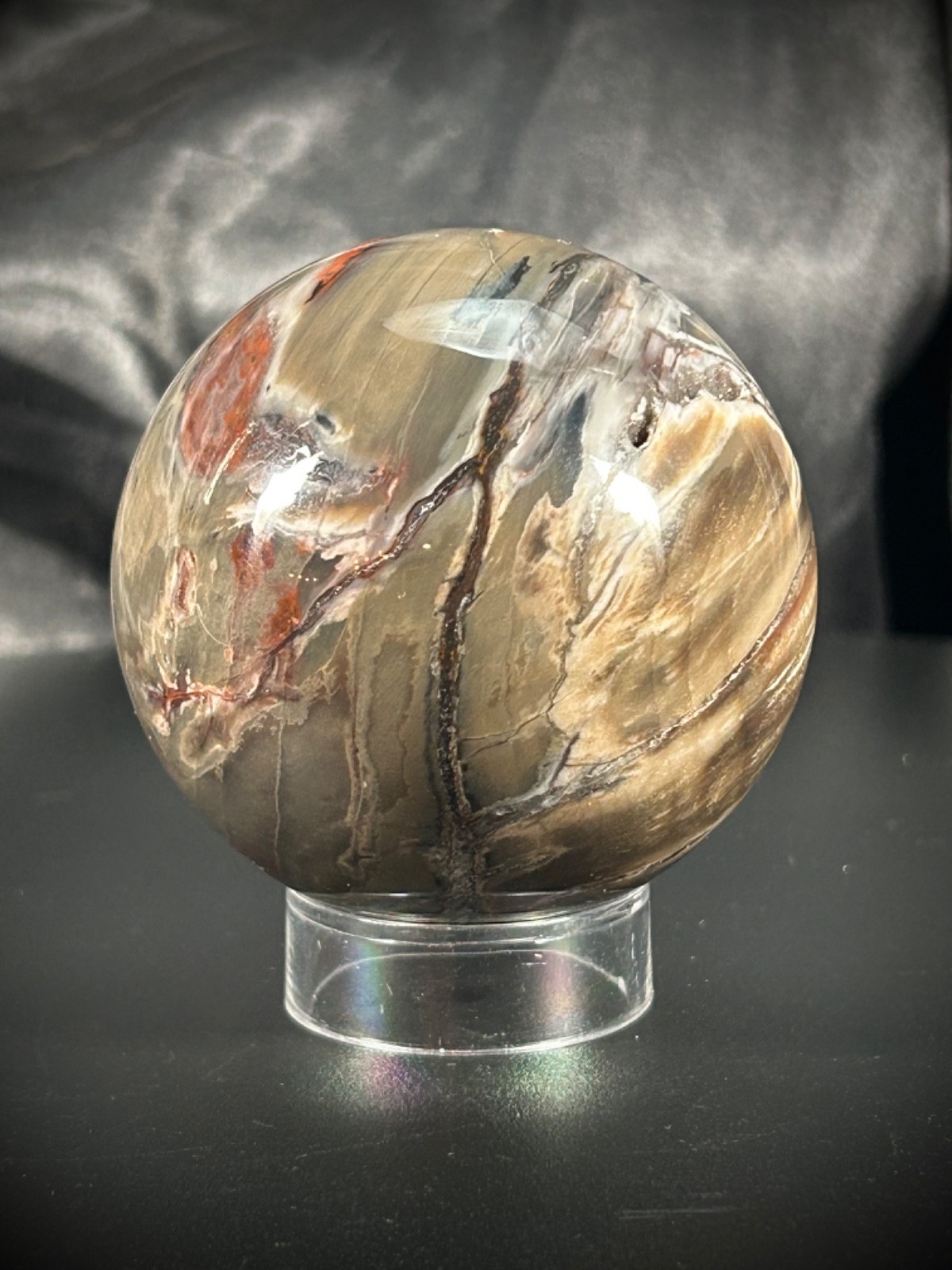 2.33″ Petrified Wood Sphere With Acrylic Stand UV REACTIVE 10.1oz