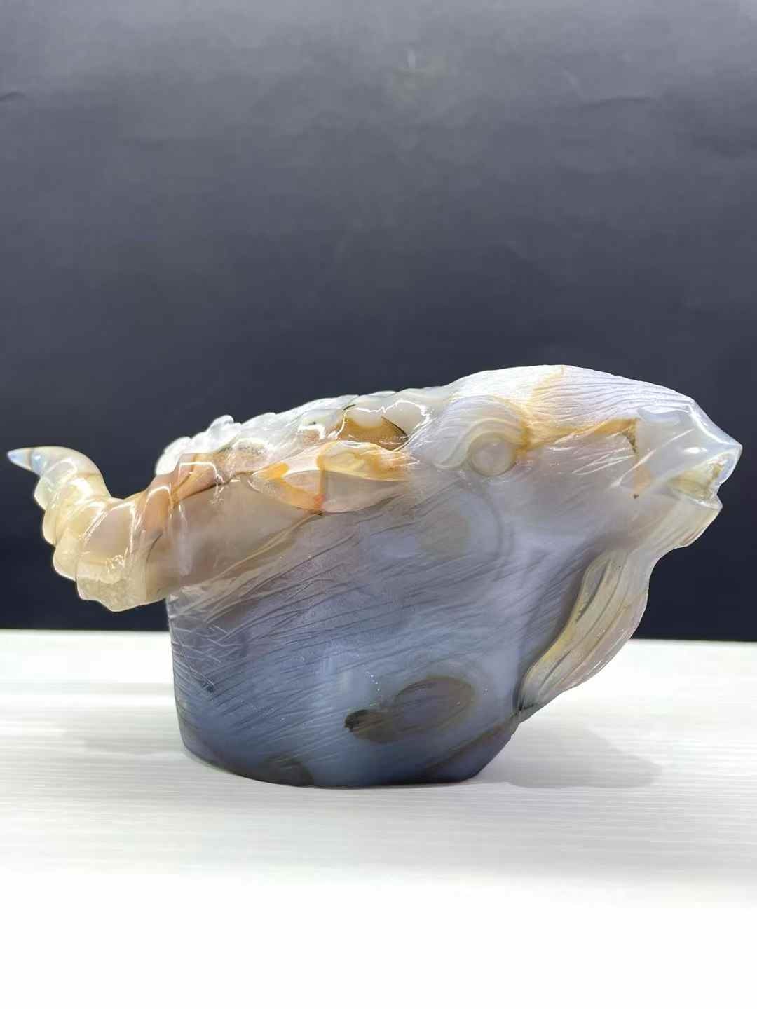 1pc Natural Agate Geode Quartz Hand Carved Sheepshead Skull Crystal Reiki Decor