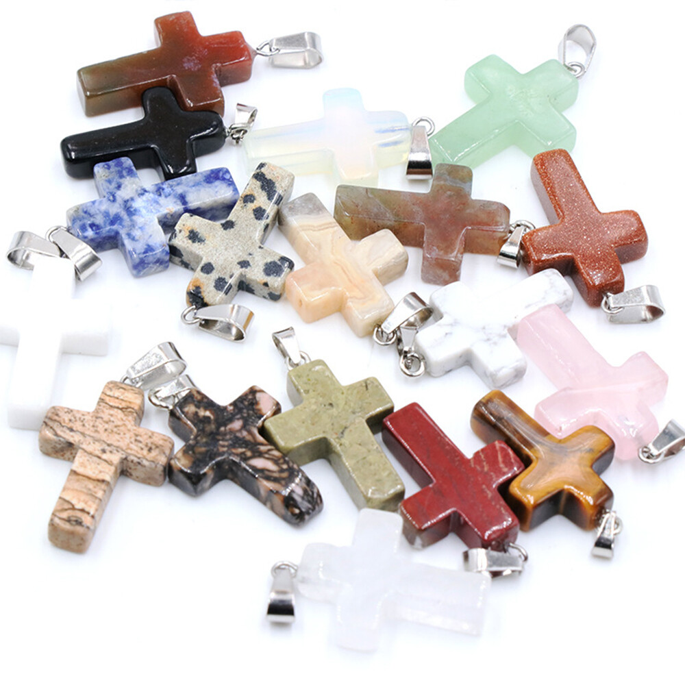 Natural Quartz Crystal Cross Pendant Chakra Stone Mixed Crucifix Shape Decor DIY
