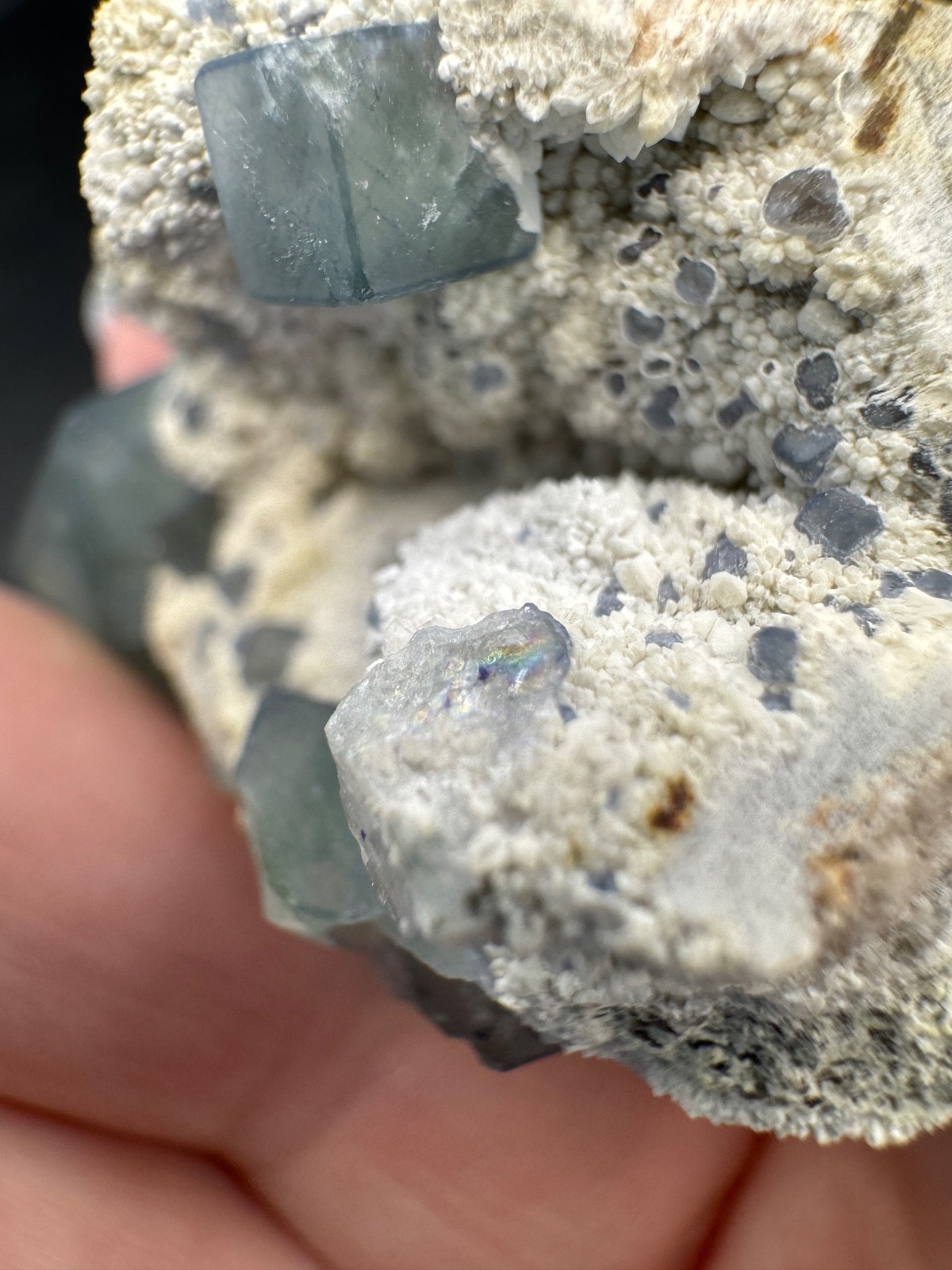 6457 Blue Green Morandi Fluorite on White Candle Quartz Inner Mongolia 50g