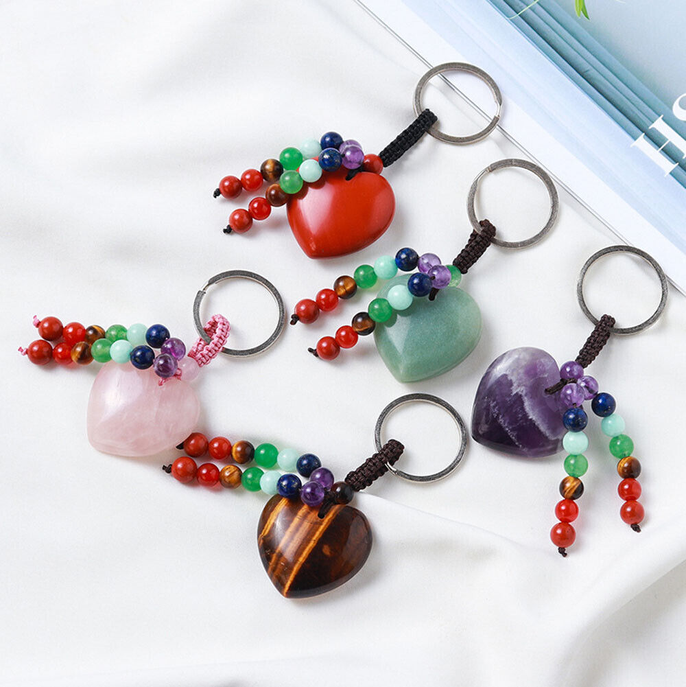 Gemstone Love Heart 7 Chakra Beads Tassel Healing Keychain Bag Charm Pendant USA