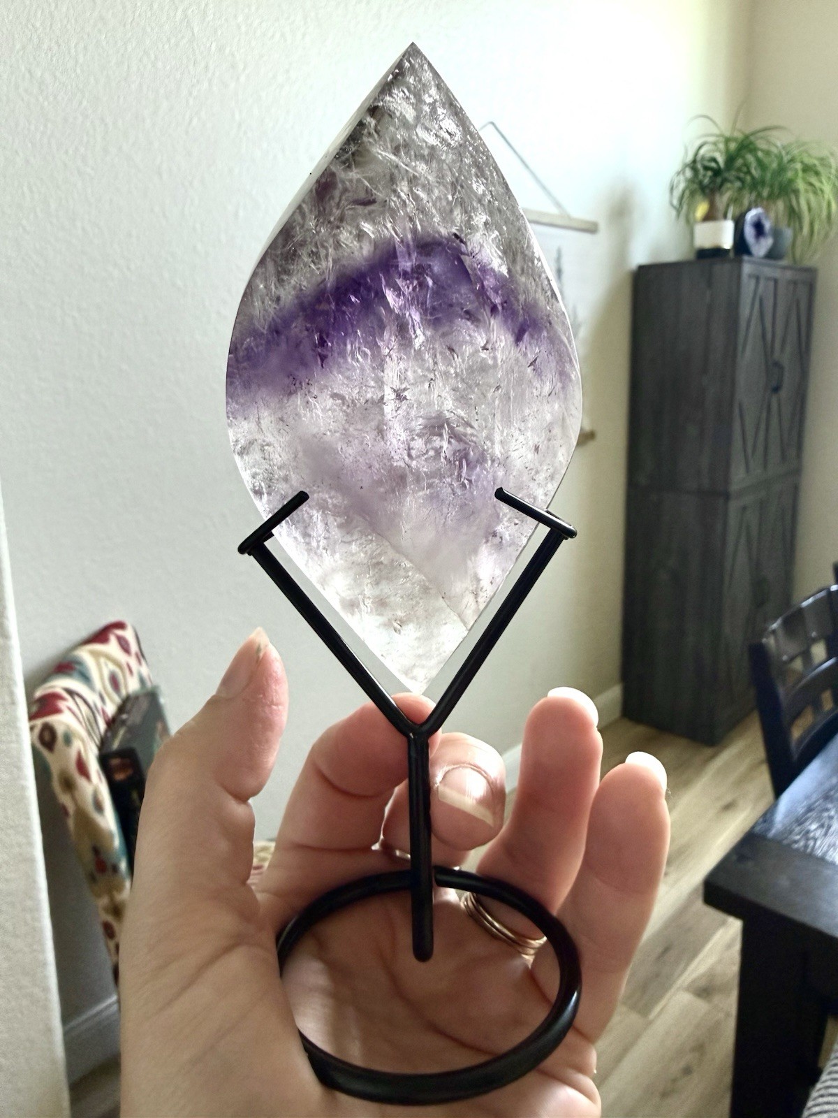 6 1/2in. High Grade Quality Phantom Amethyst Quartz Flame Drop Crystal On Stand